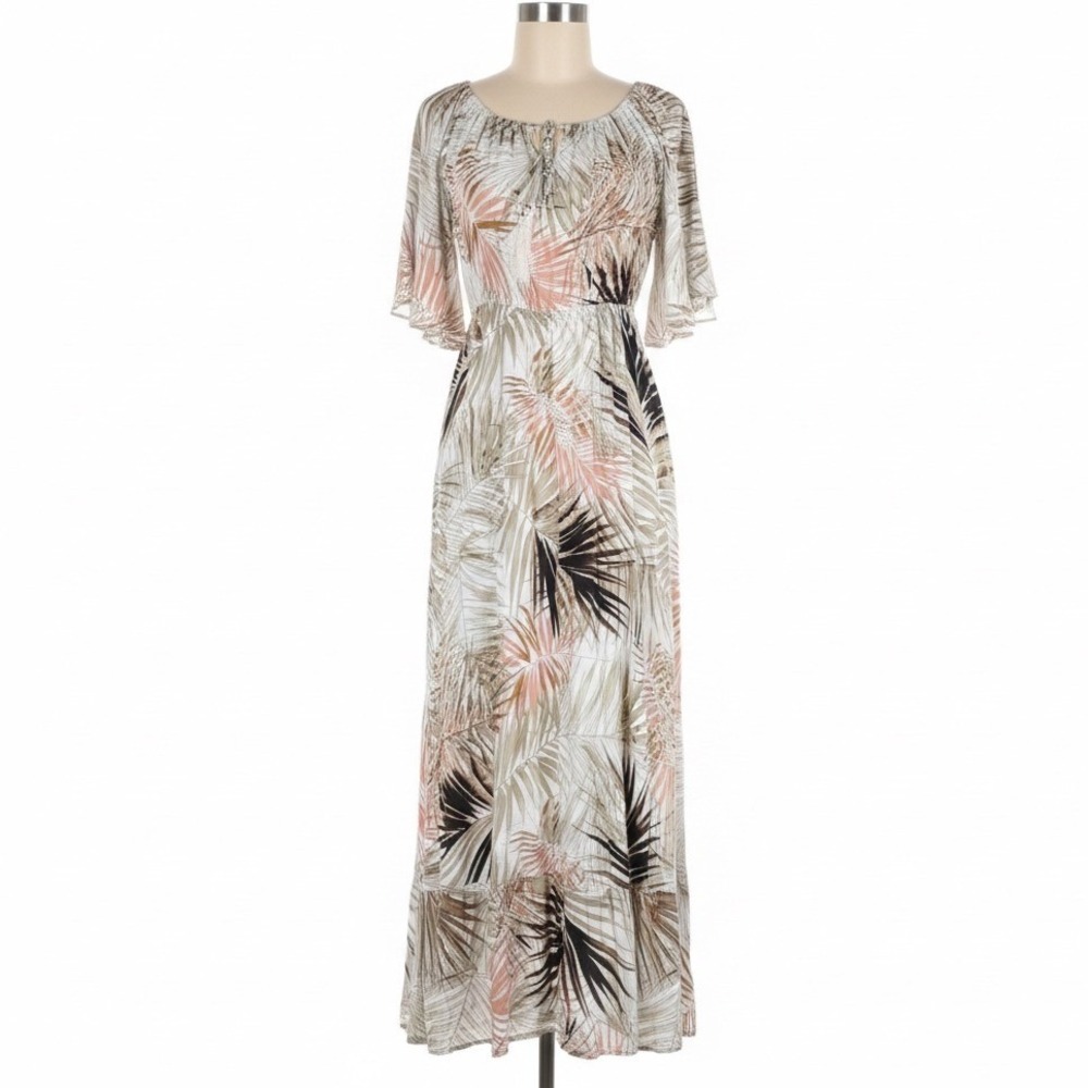Label of Love Maxi Dress Women S White Pink Tropical Palm Flutter Sleeve Tassel